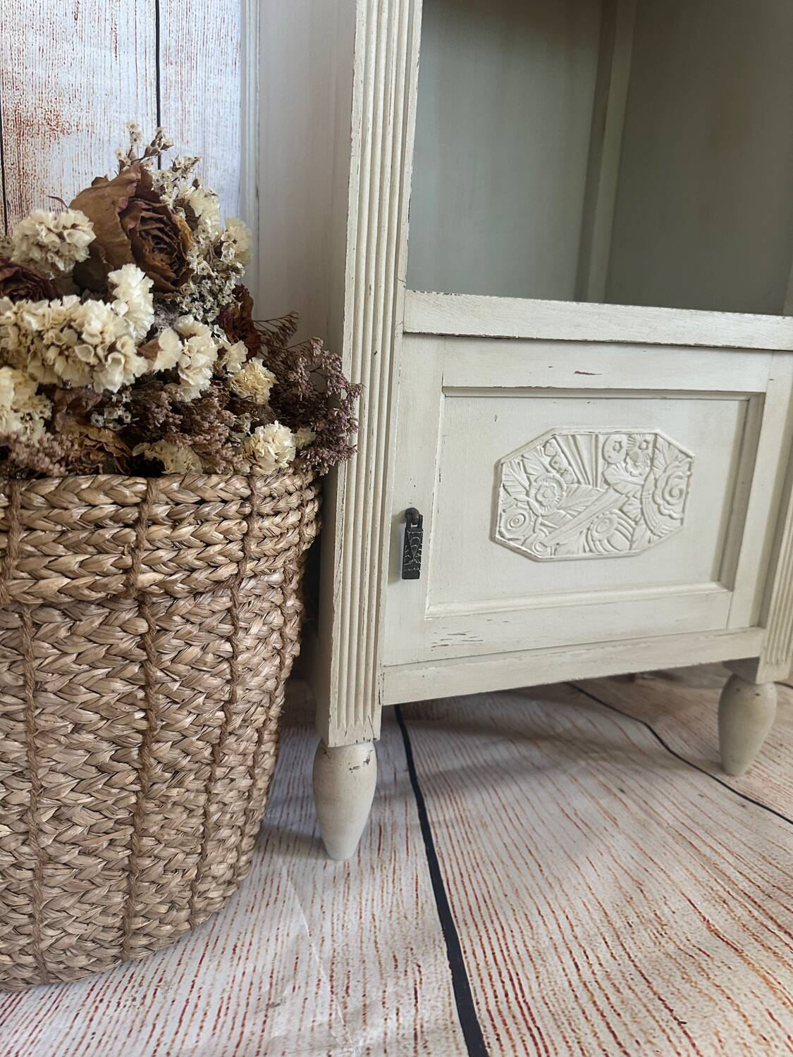 White patinated bedside table with a marble top