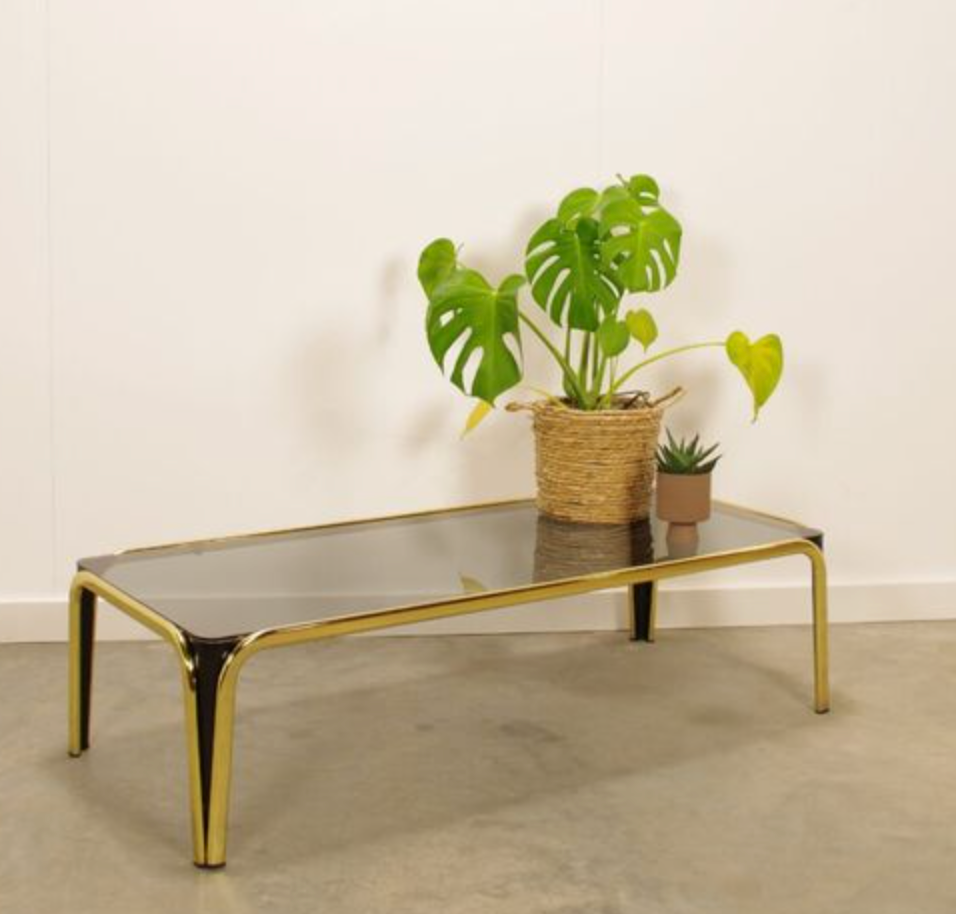 Vintage coffee table in brass and smoked glass