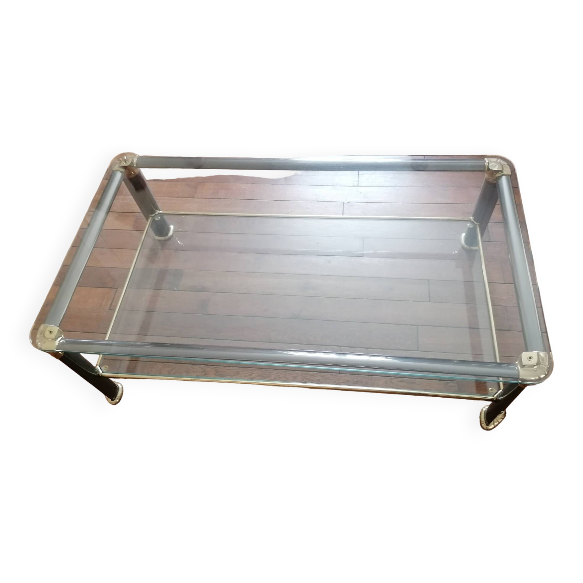 Table basse en métal, laiton et verre - Années 60-70.