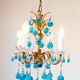 Lustre italien en metal doré avec des gouttes cristal Murano bleu turquoise