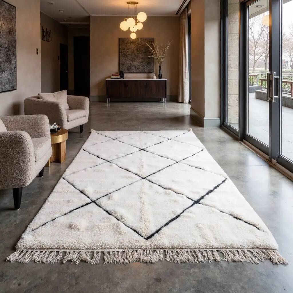 Tapis blanc Beni Ourain en laine 2.5X1.5m motif losange berbère tissé main