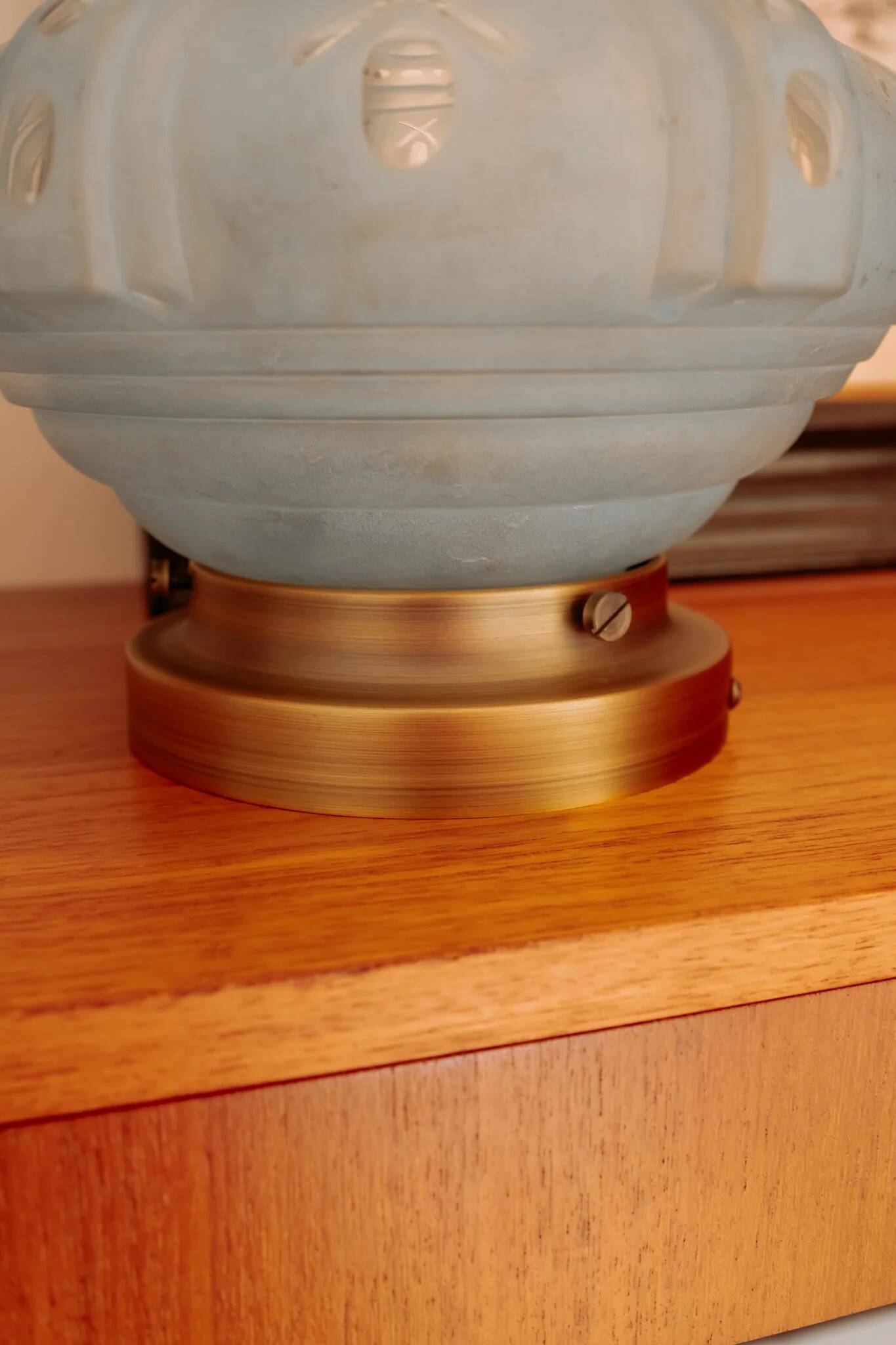 Vintage ceiling light in light blue glass with new frame.