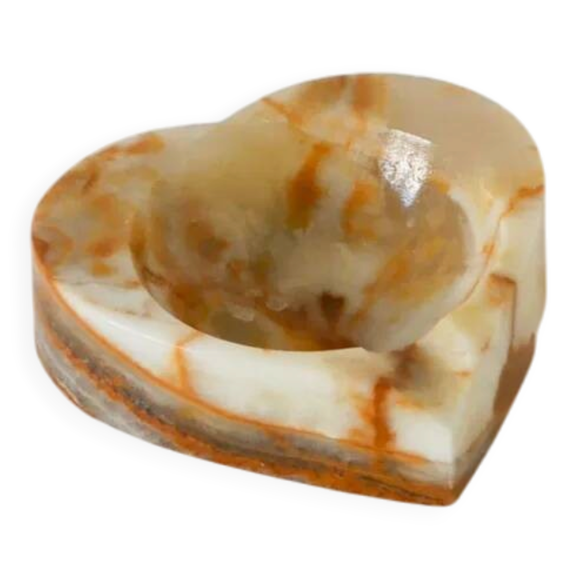 Alabaster catchall, heart shape, beige and brown, 1970.