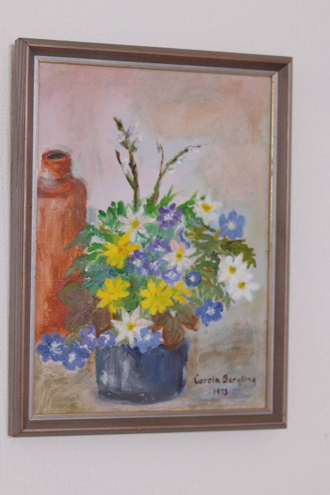 Huile sur toile originale suédoise – « Vase de fleurs » par Carola Bergling
