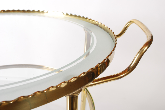 Mid century polished brass serving trolley, 1930's cocktail bar cart