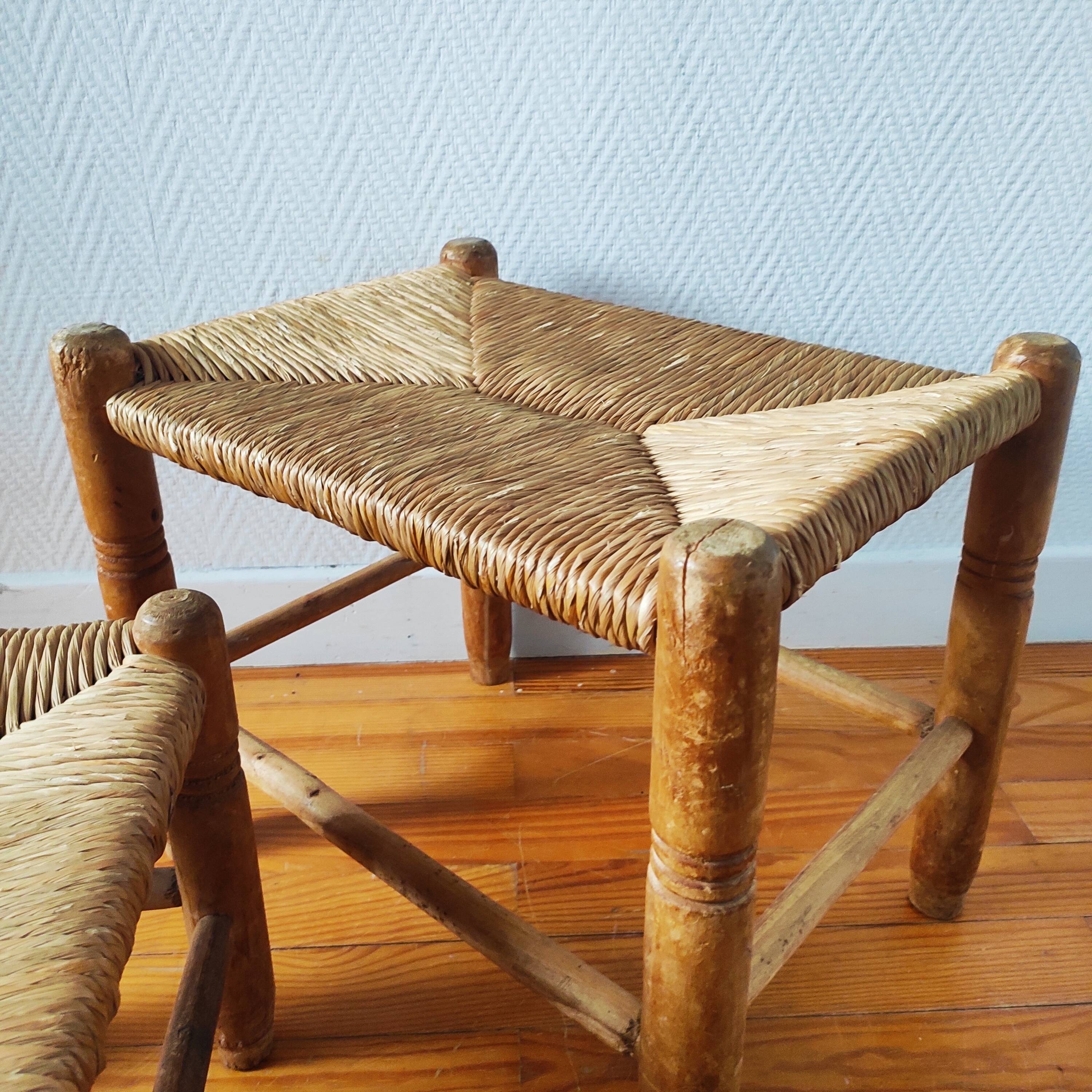 Set of 3 small wooden and straw benches/stools Vintage 60-70s