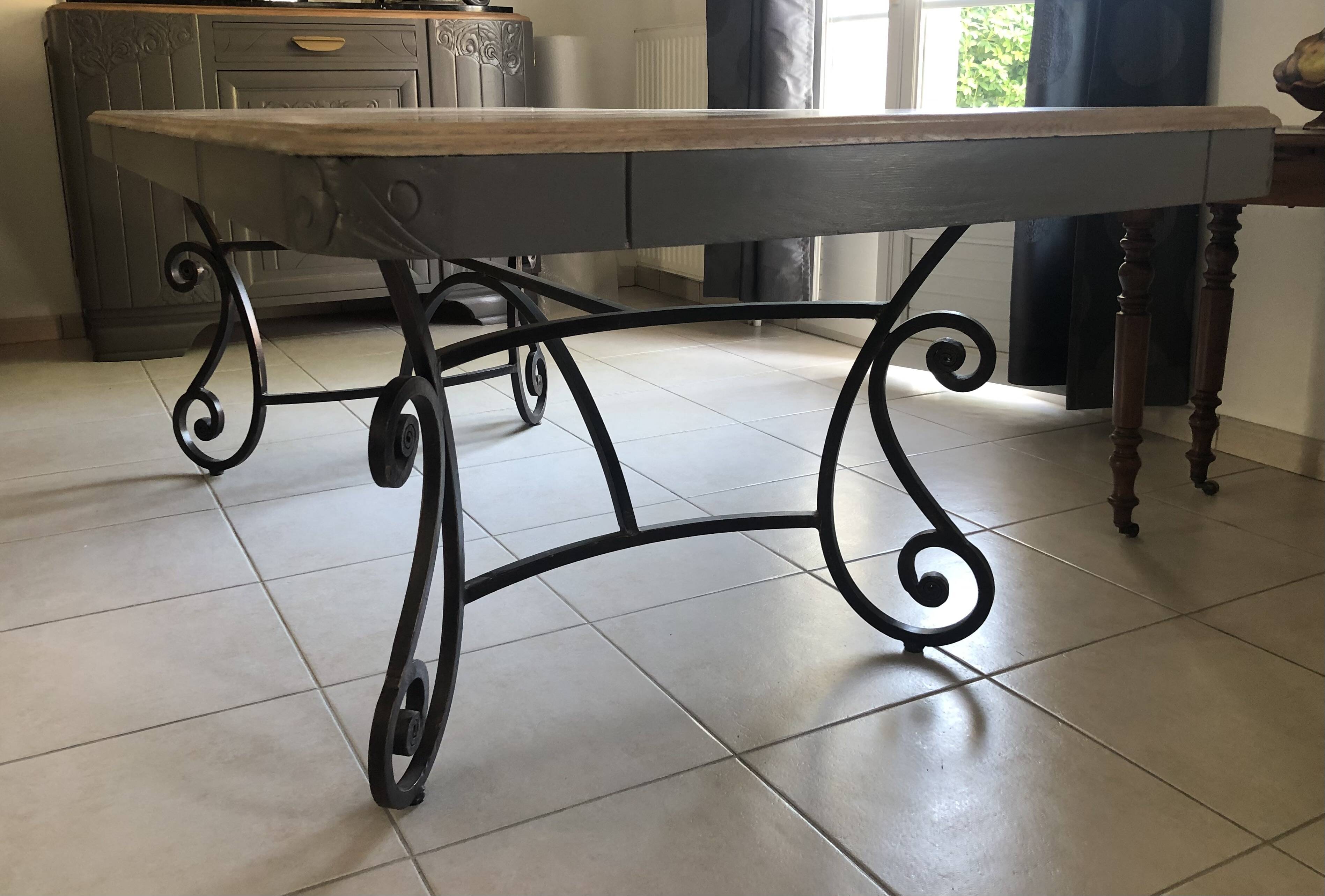 Large wooden and wrought iron dining table, 220 cm