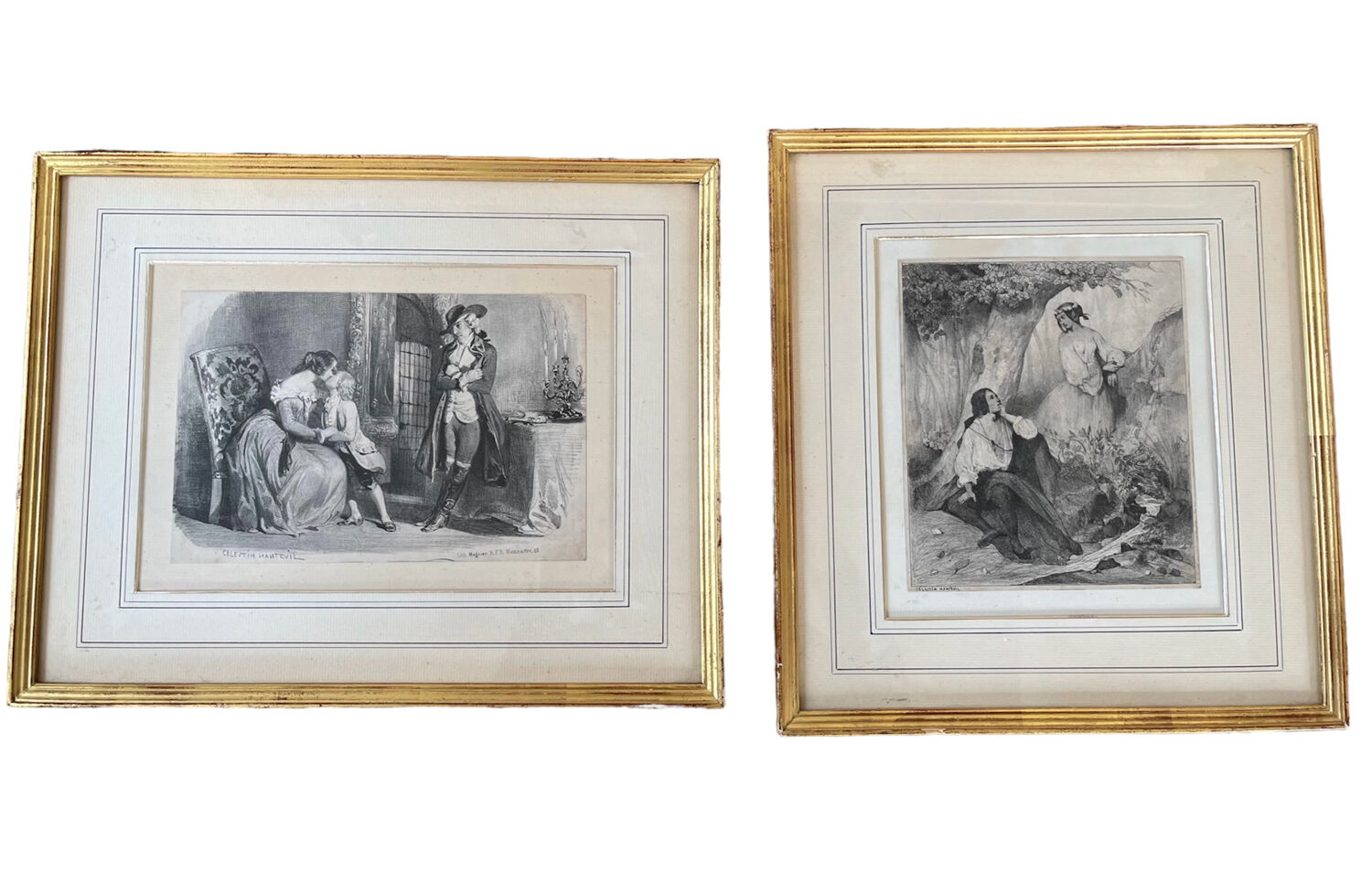 Pair of antique prints lithographs Célestin Nanteuil