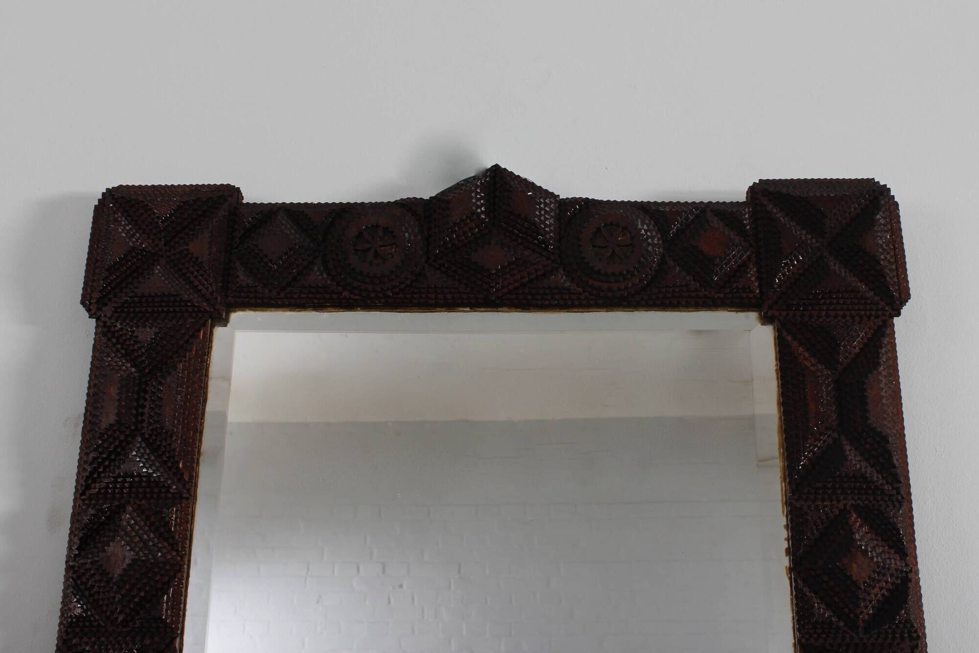 Antique Tramp Art wall mirror brutalism chip carving 1900