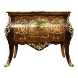 Curved Sauteuse chest of drawers stamped in precious wood marquetry Louis XV style circa 1850