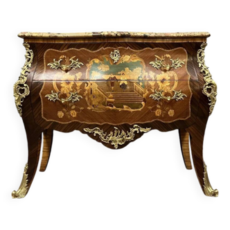Curved Sauteuse chest of drawers stamped in precious wood marquetry Louis XV style circa 1850