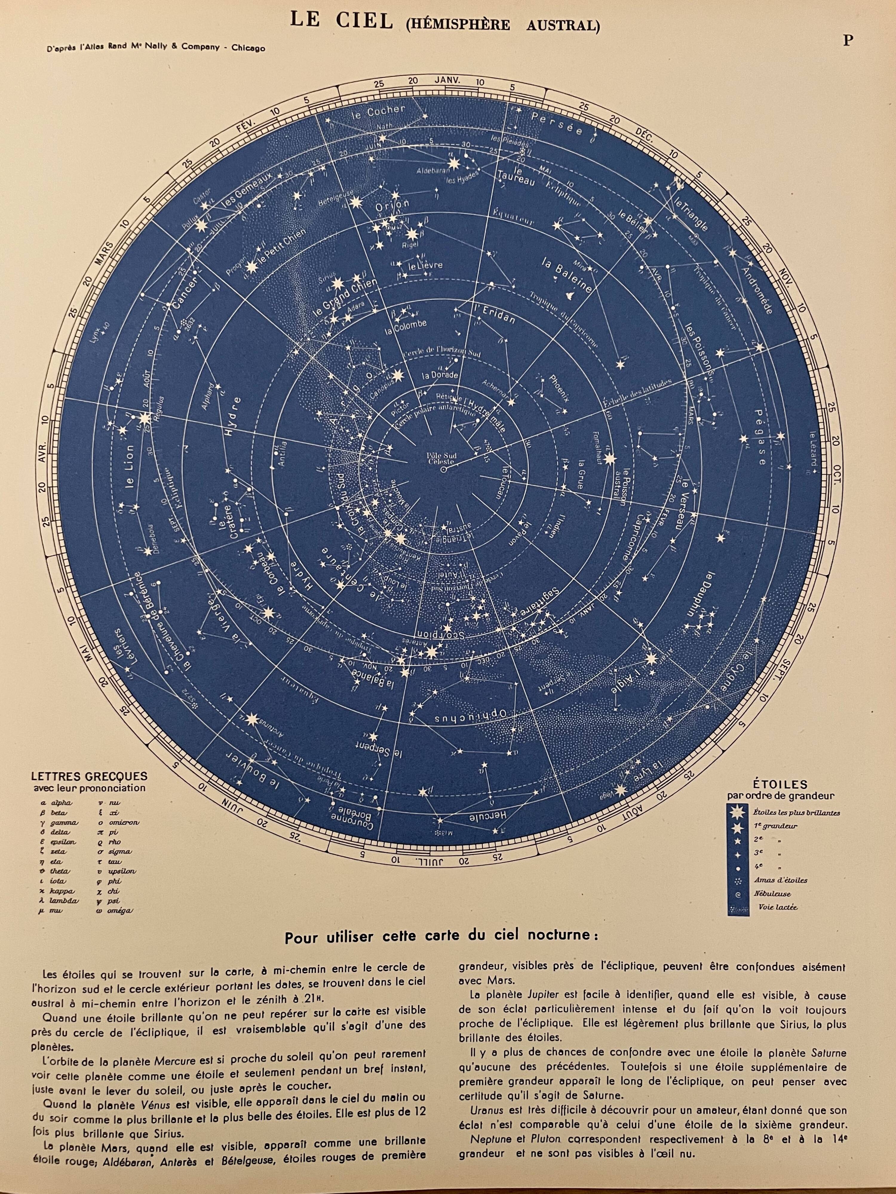 Old lithograph night sky map from 1951 (large format)