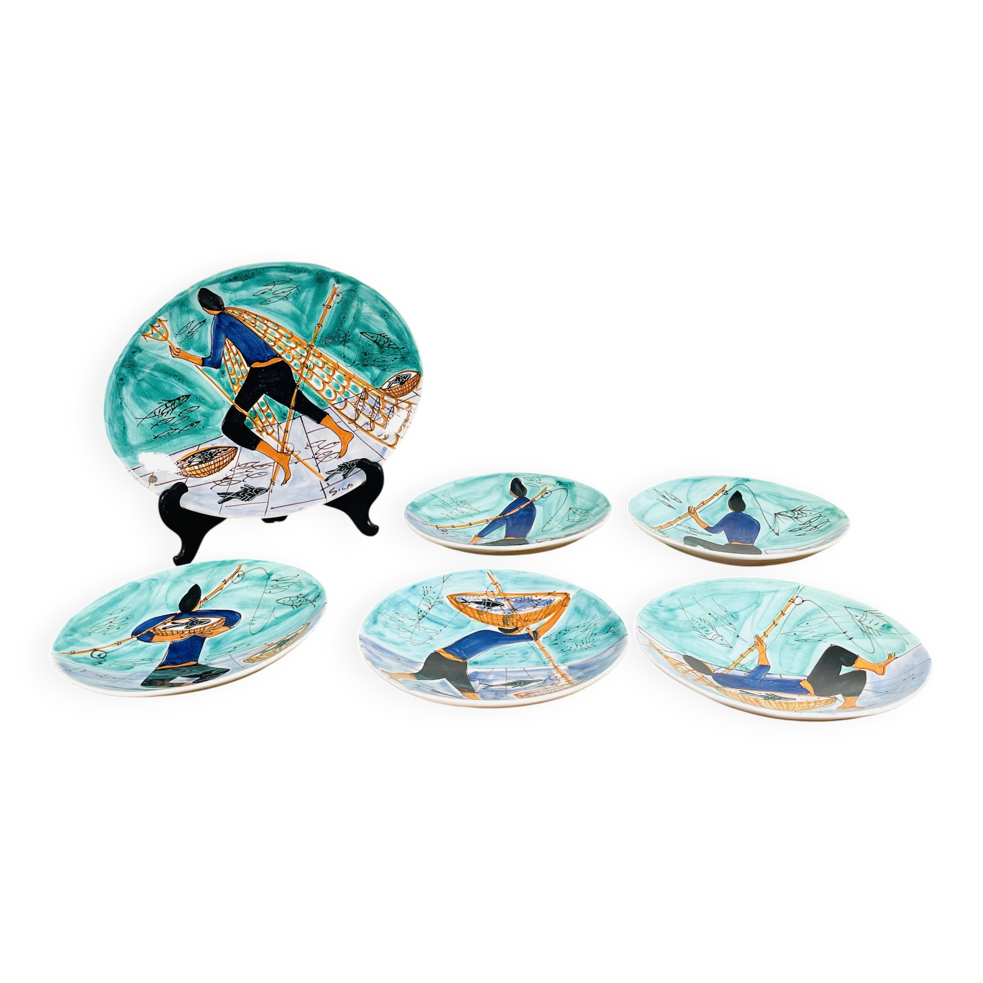 Magnificent set of 5 plates and 1 dish by Cesare Sartori for Sica.
