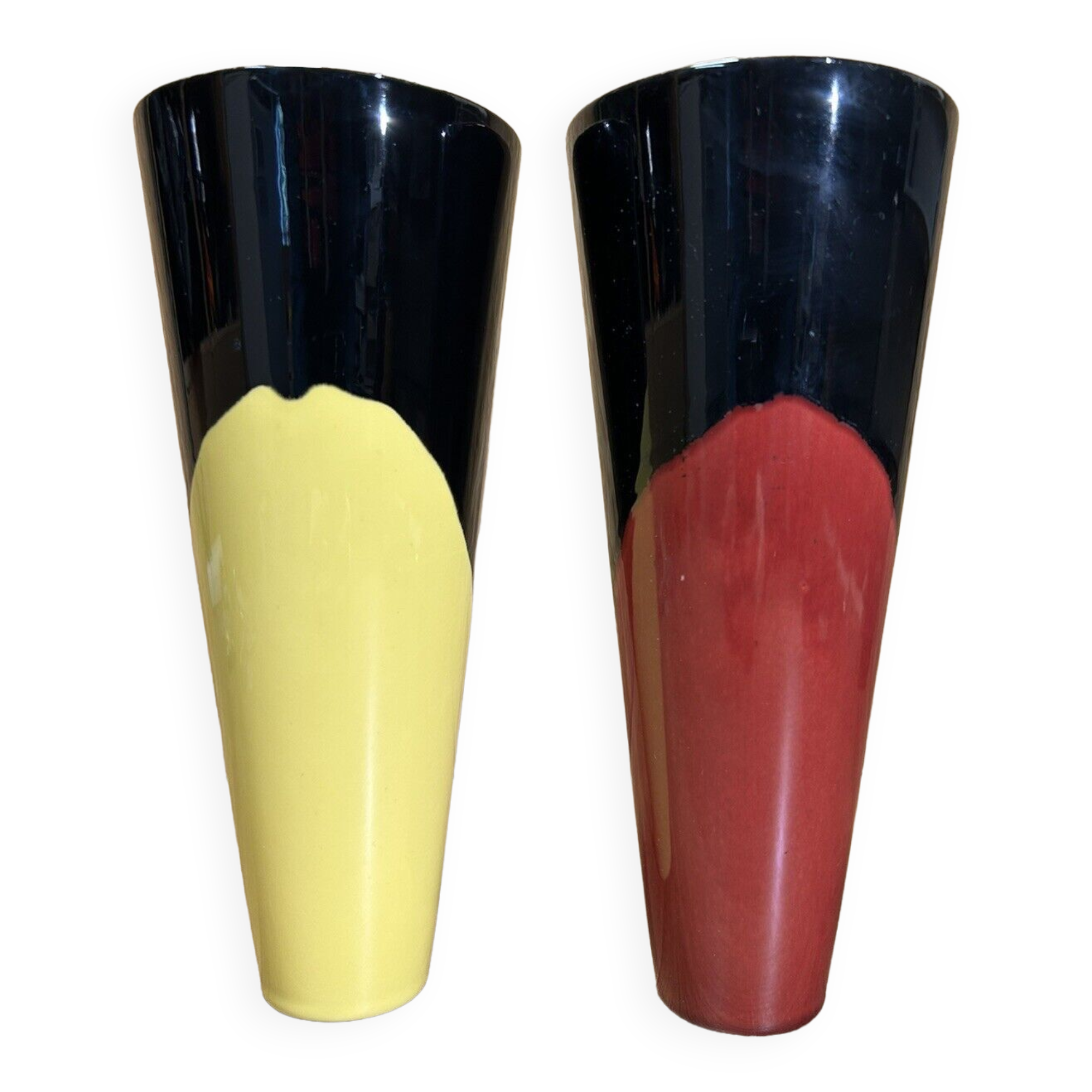 Pair of vases 70s, vintage black, yellow, red, deco pop, space age