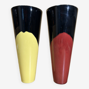 Pair of vases 70s, vintage black, yellow, red, deco pop, space age