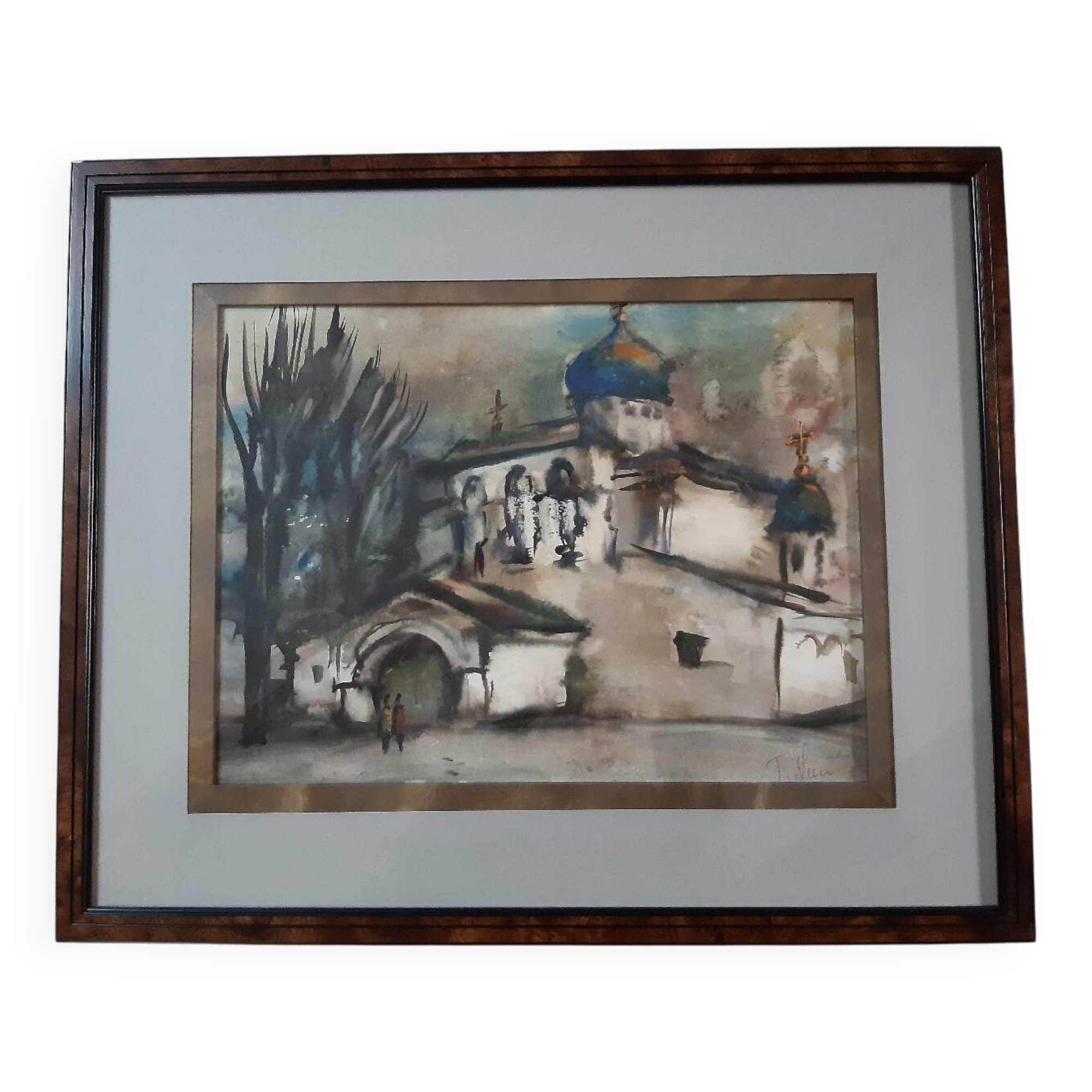 Aquarelle signée encadrée Eglise russe