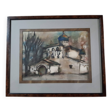 Framed signed watercolour of a Russian church.