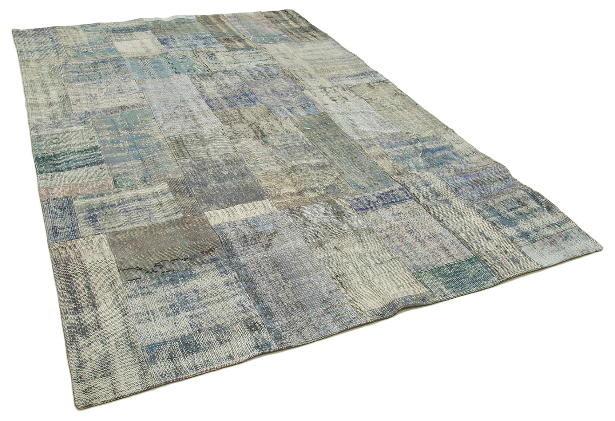 Hand-Knotted Turkish Vintage 203 cm x 302 cm Grey Patchwork Carpet