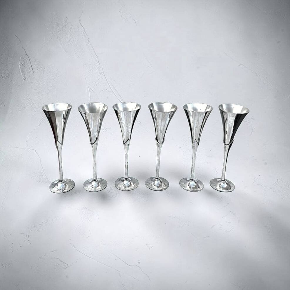 Set of six vintage chrome metal champagne flutes – 1970s