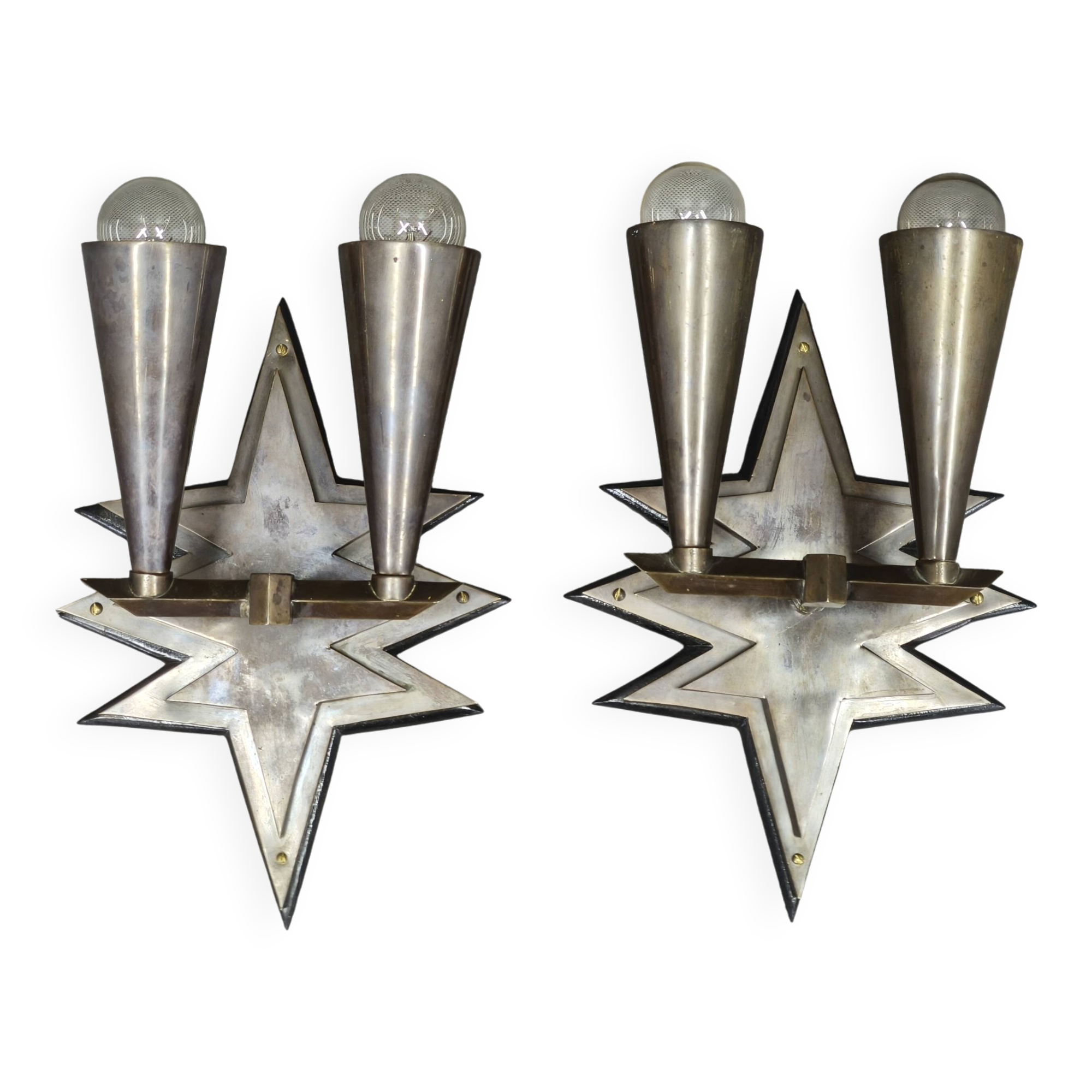 Pair of Czech Cubist Brass Wall Lights, Czechoslovakia, 1920s