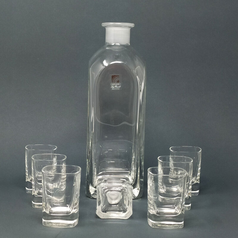 Italian vintage crystal decanter with 6 crystal glasses signed Luigi Bormioli 1970s
