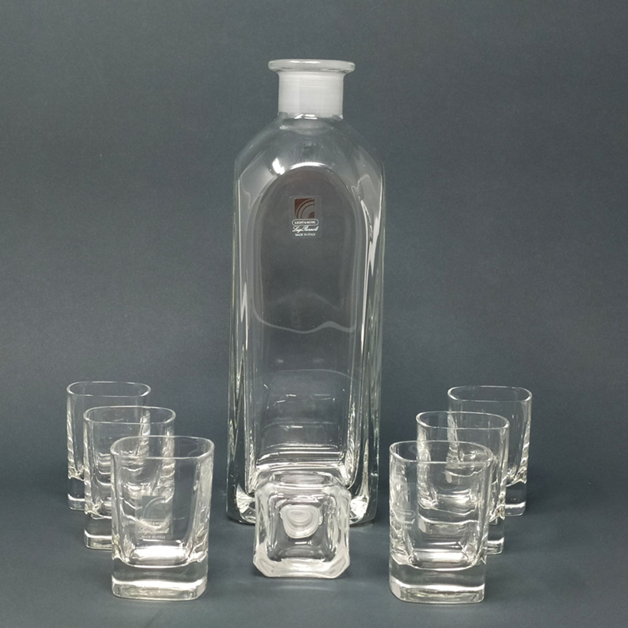 Italian vintage crystal decanter with 6 crystal glasses signed Luigi Bormioli 1970s