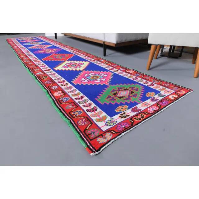 1970s Vintage Turkish Hand-Knotted Wool Cotton Blue Runner Rug 83x364