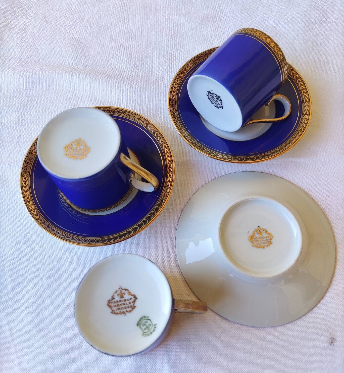 3 royal blue and gold cups and saucers - Royal Limoges porcelain