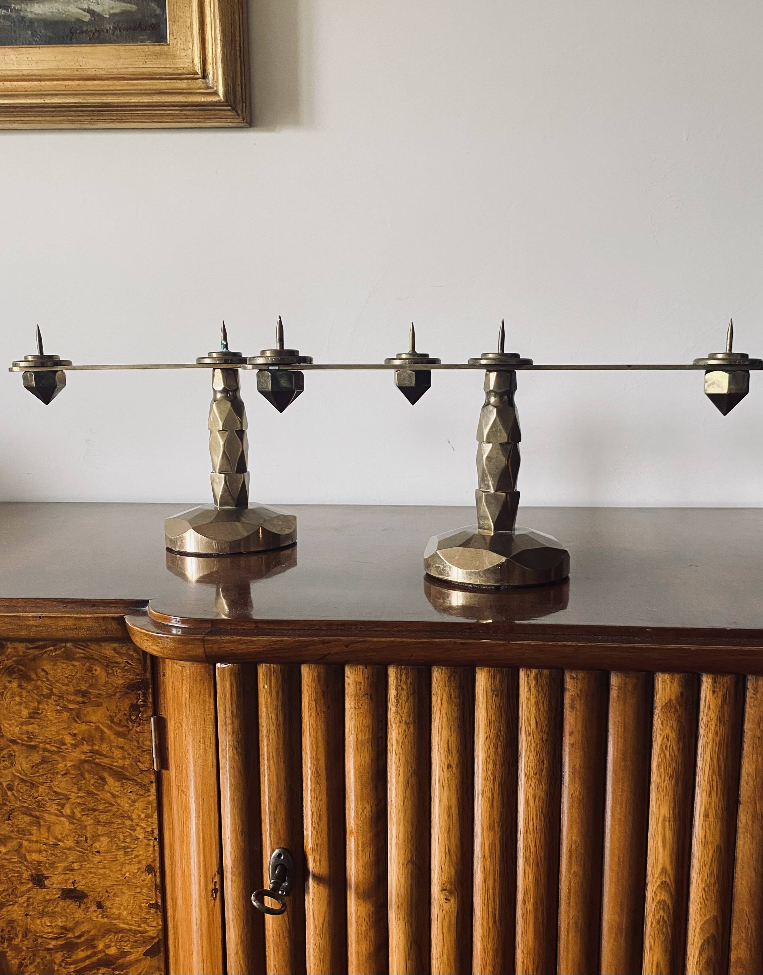 Brutalist brass pair of candle holders, France 1970