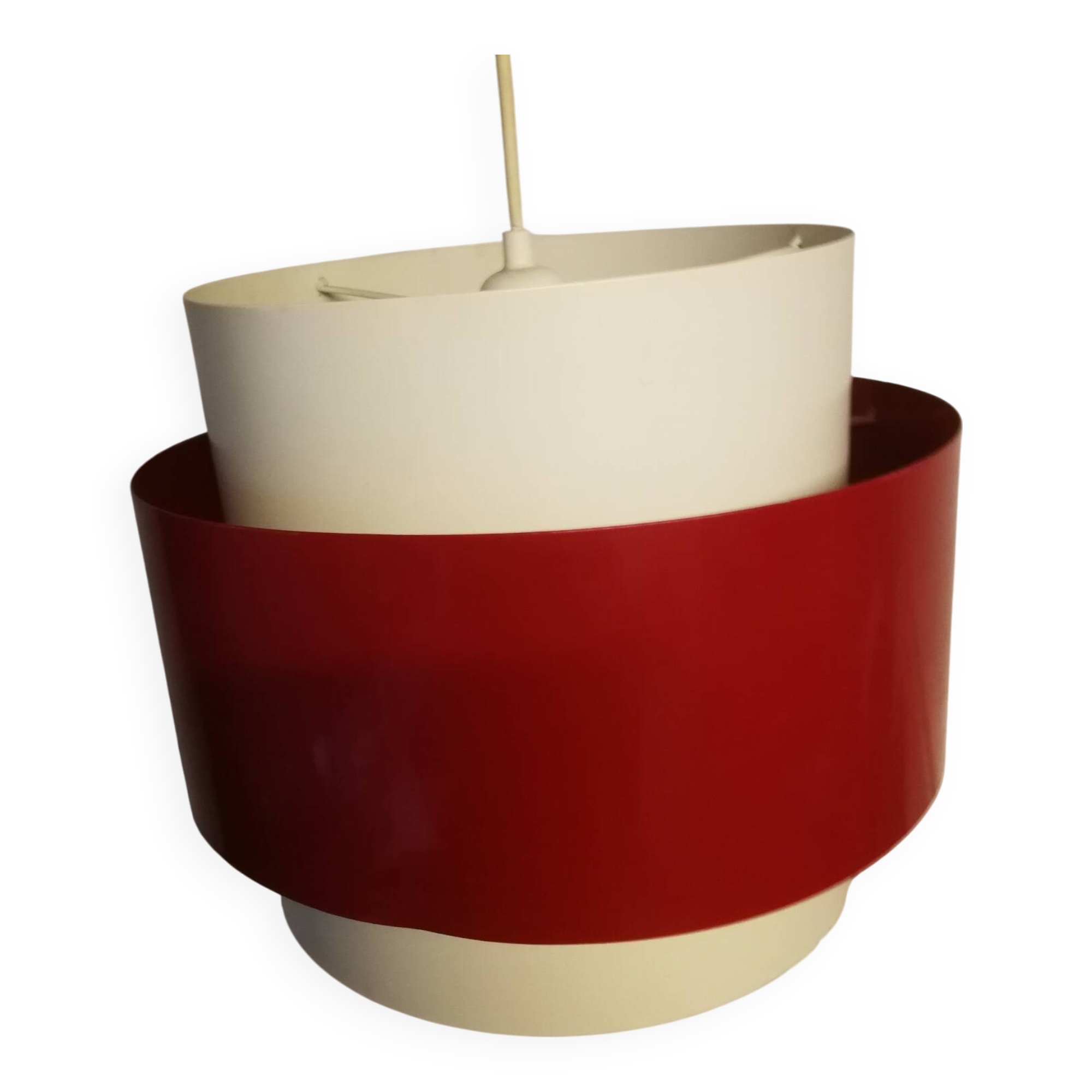 Vintage pendant light in white and red lacquered steel metal from the 70s