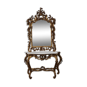 Ensemble miroir avec console bois doré style baroque dessus marbre blanc