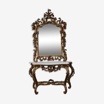 Mirror set with console gilded wood baroque style on white marble