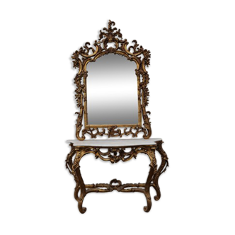 Mirror set with console gilded wood baroque style on white marble