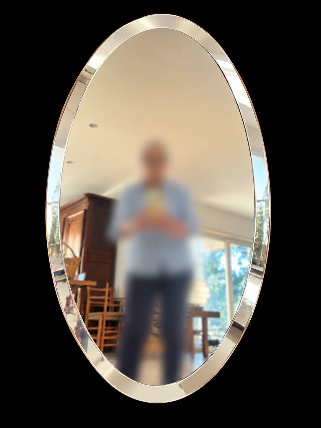Vintage Oval Mirror Bevelled Glass Frameless – 1950s