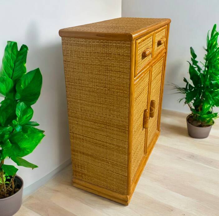 Vintage wooden and rattan chest of drawers