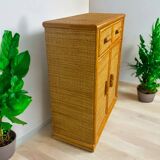 Meuble commode vintage en bois et rotin