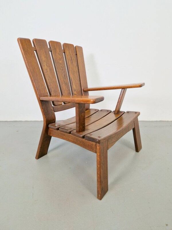 Fauteuil en bois brutaliste avec revêtement en cuir marron, Allemagne, années 1960.