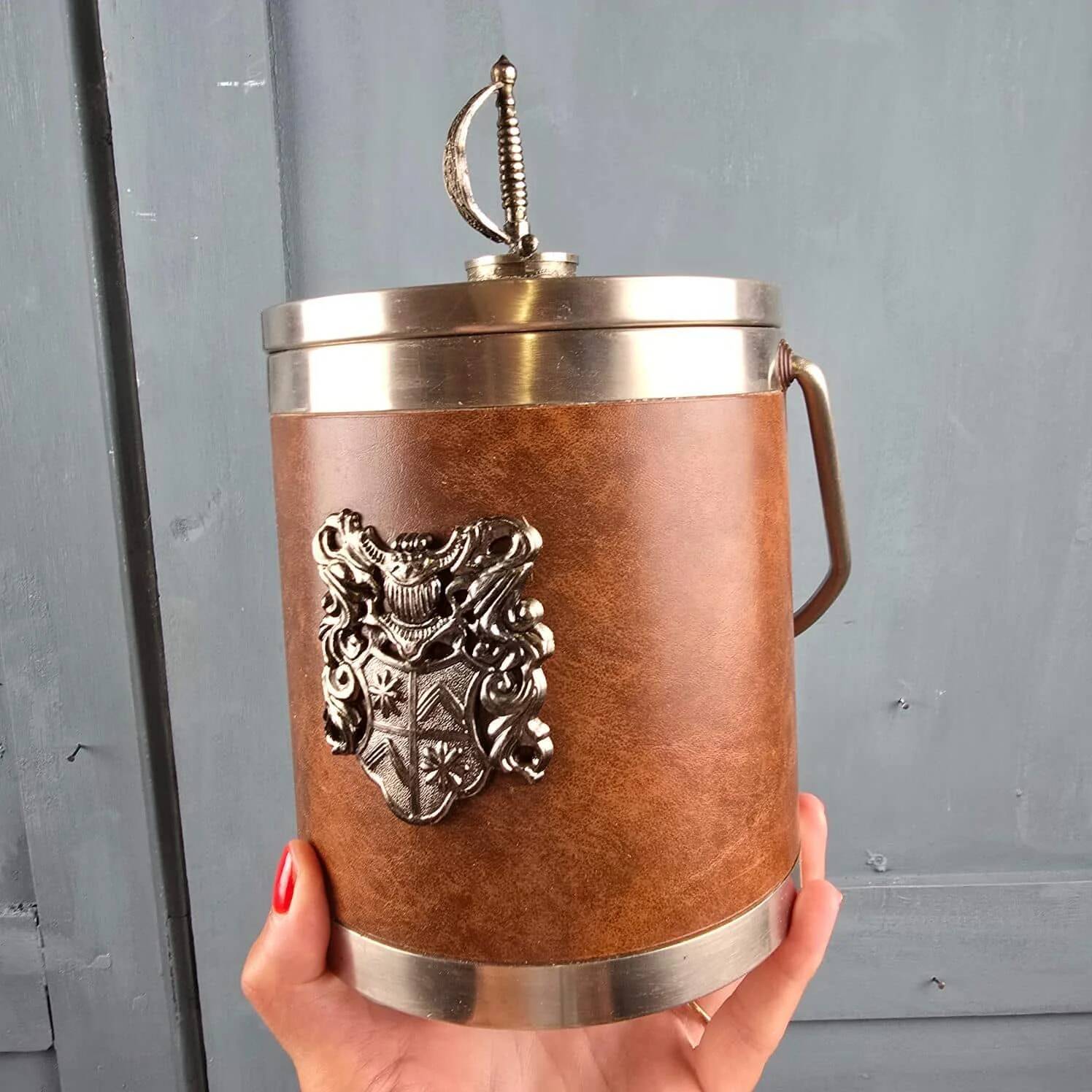 Vintage knight ice bucket – Coat of arms and sword handle – 1960s-70s