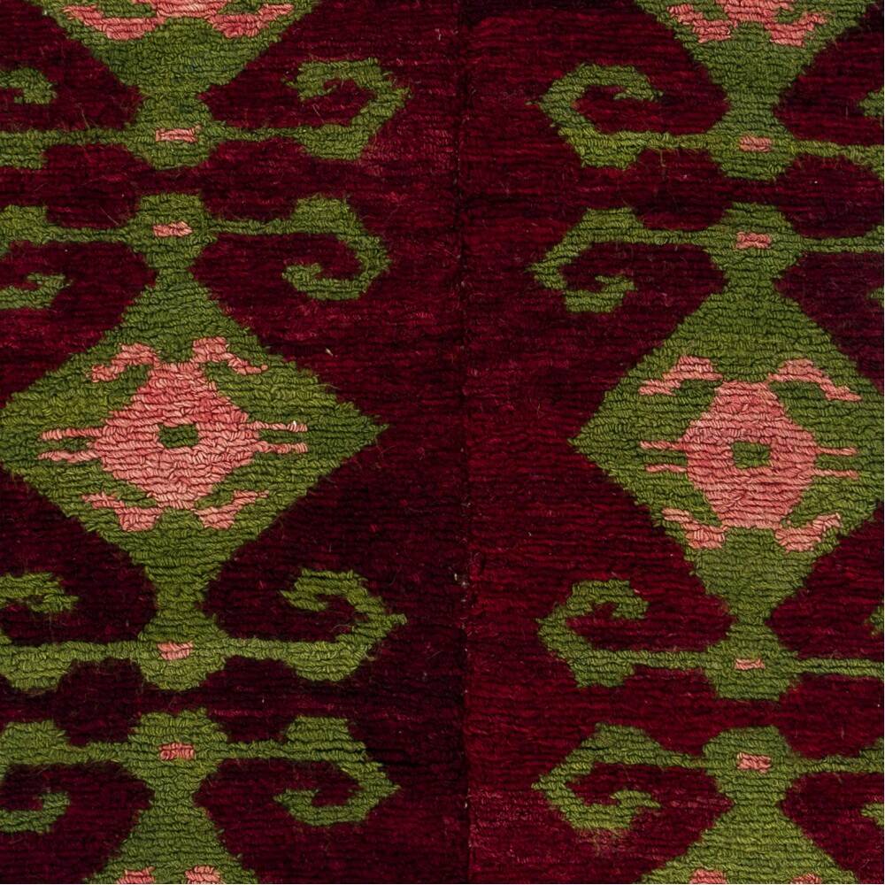 Vintage Hand-Knotted Turkish Tulu Rug with Geometric Hooked Motifs in Burgundy, Green and Pink, 100% Wool