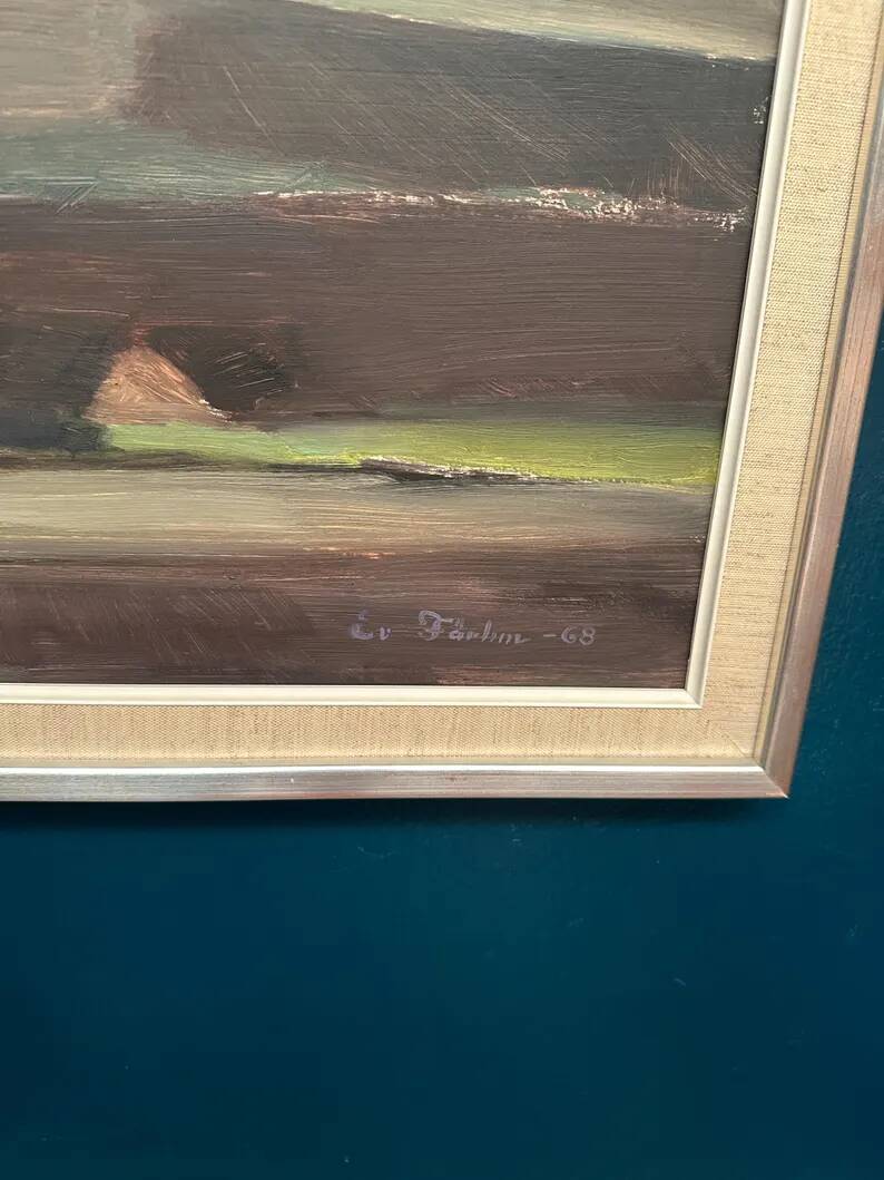 Oil on panel original Swedish - "House in a flat landscape" by Evert Färhm - Dated 1968 - vintage and framed - 81 × 68 cm (31.9" × 26.8")