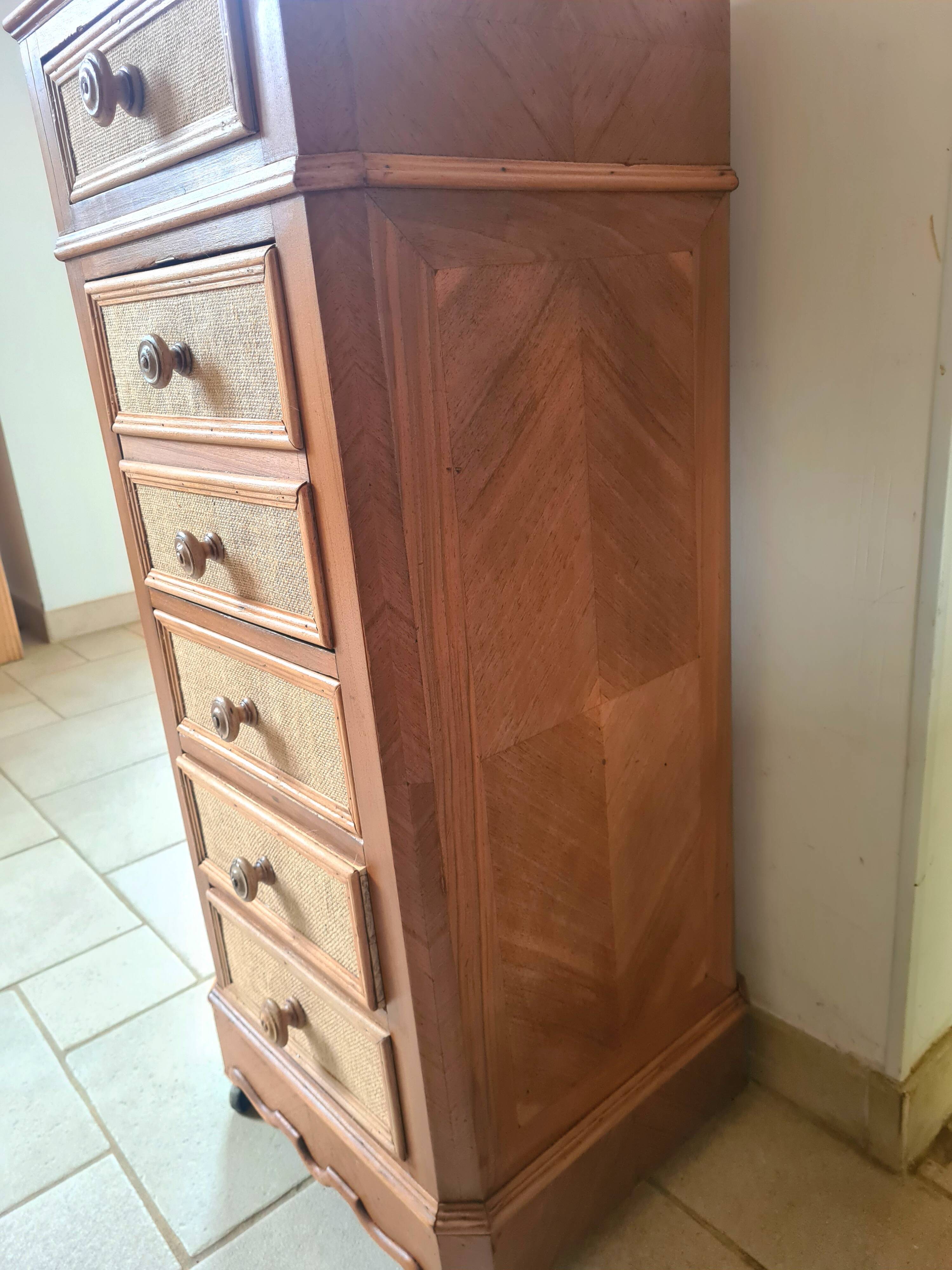 Nightstand in walnut and jute fabric, 1900