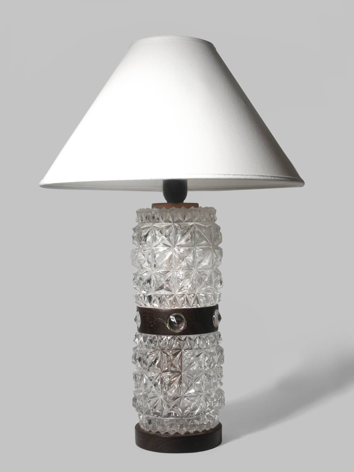 Mid-Century Textured Glass And Wooden Table Lamp, Denmark, 1960s