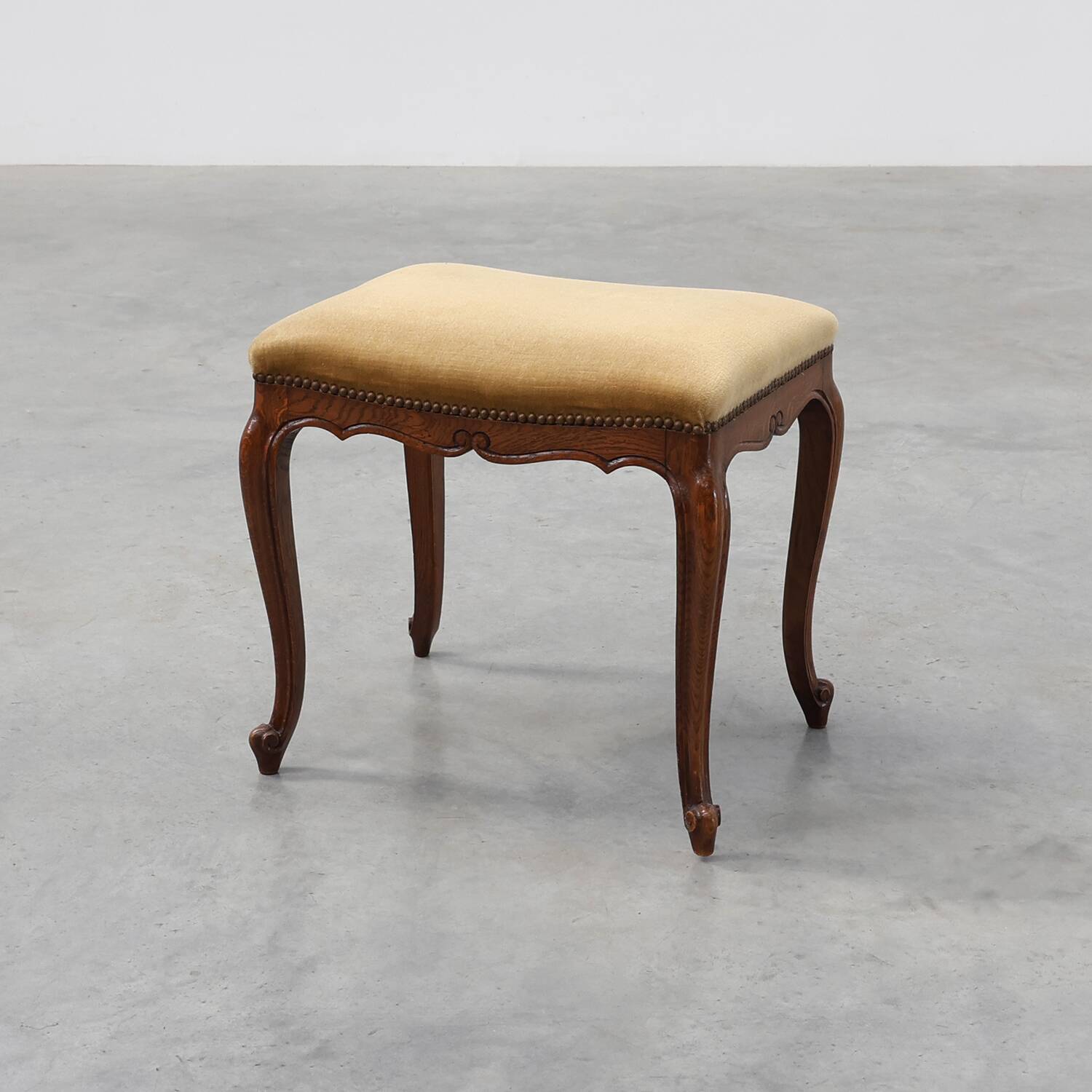 Louis XV Style Walnut Stool with Cabriole Legs and Velvet Seat, France, 20t