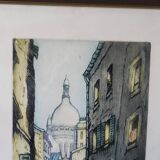 Etching Marcel Julien Baron signed, hand-colored print / Rue de Paris