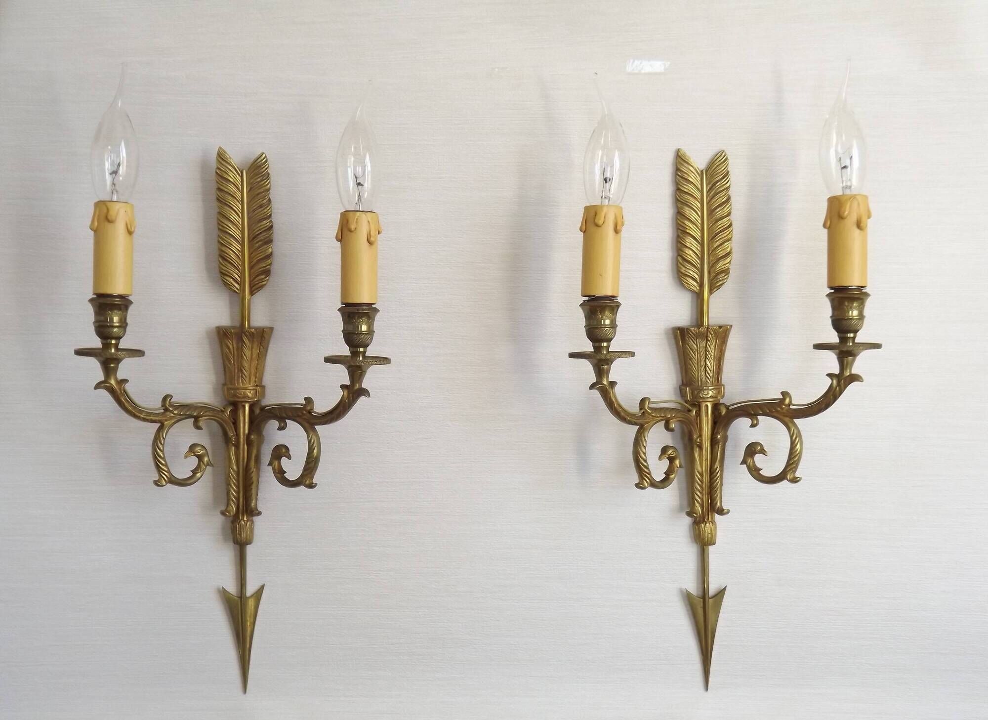 Vintage French Empire Arrow & Quiver Eagle Head Bronze Double Wall Sconces