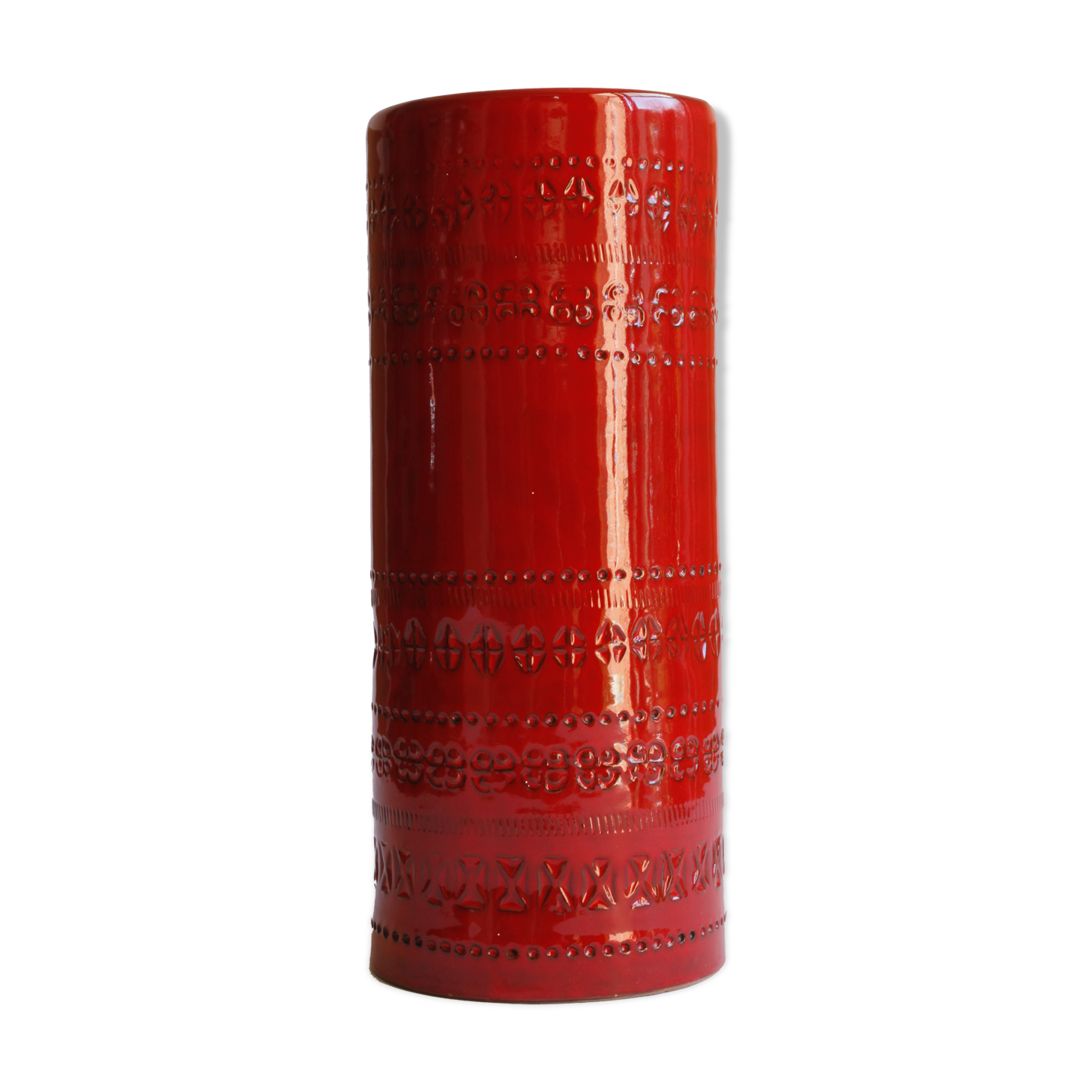 Cylindrical red ceramic vase by Aldo Londi for Bitossi, Italy