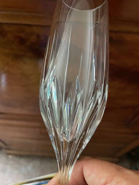 6 antique cut and engraved crystal champagne flutes