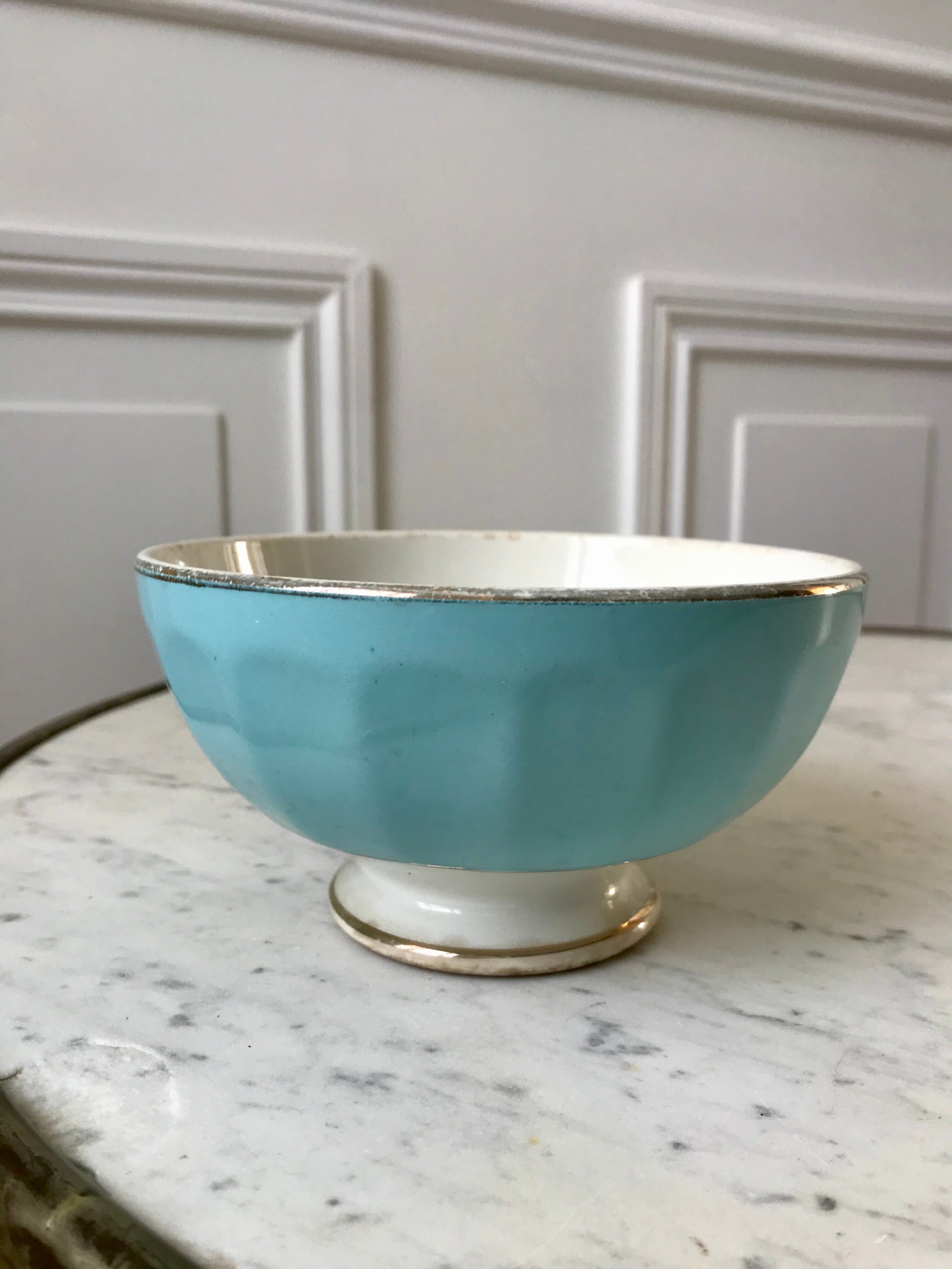 earthenware bowl Moulins des Loups sky blue and edging 40s-50s