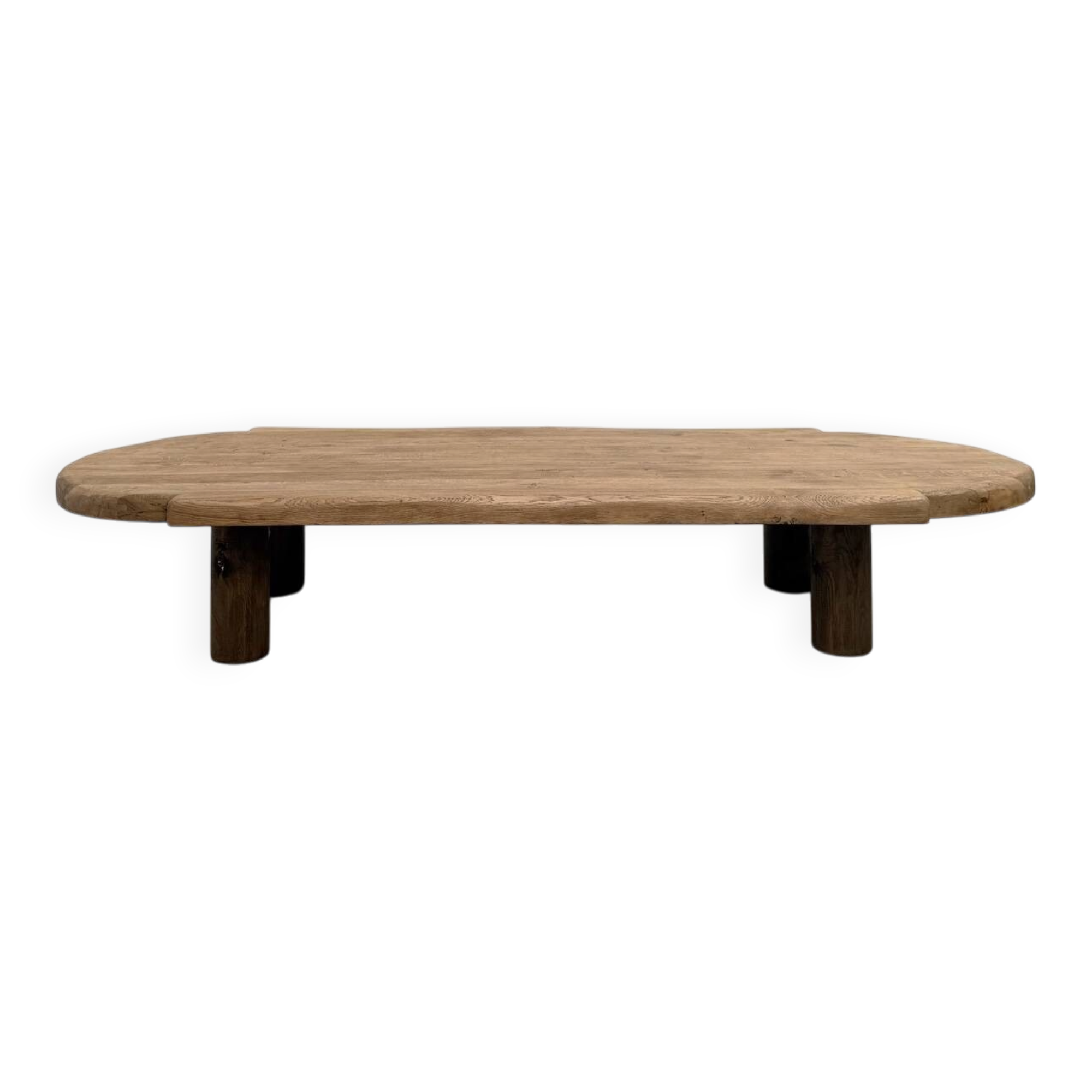 XXL oval coffee table in solid oak, cylindrical base, 1950s.