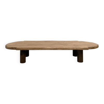 Table basse XXL ovale en chêne massif, piètement cylindrique, années 50